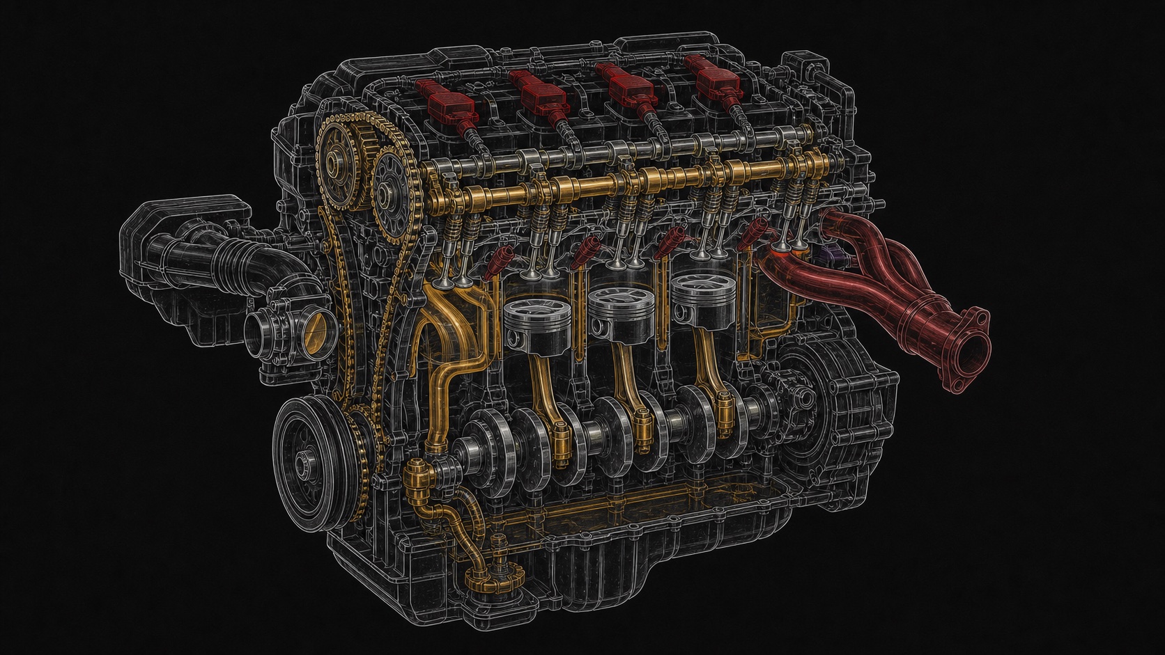 Custom technical illustration showing how auto repair work relates to the vehicle system